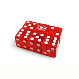 A set of six-sided dice in bright red with white dots, featuring a space for custom design.