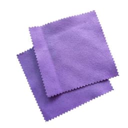 Two purple jewellery polishing cloths with a textured finish and scalloped edges.