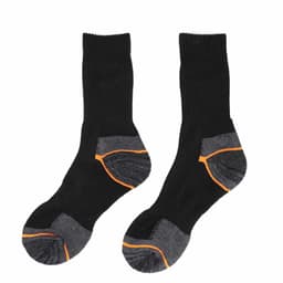 Black recycled cotton stretch terry socks with grey and orange detailing. Features a logo on the side.