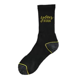 Black socks with a yellow design, featuring a terry sole and contrasting grey heel and toe. Includes a logo.