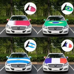 A car hood cover flag featuring various national flags, including Qatar, Brazil, Argentina, and France, in vibrant colours.