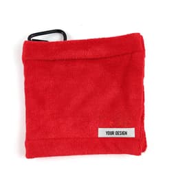 A red golf ball cleaning towel with a carabiner, featuring a placeholder for custom design.