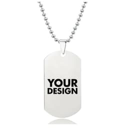 A silver dog tag pendant necklace on a ball chain, featuring a customizable design area.