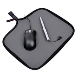 A grey neoprene mouse storage bag containing a black mouse and a silver pen, with a zip closure.