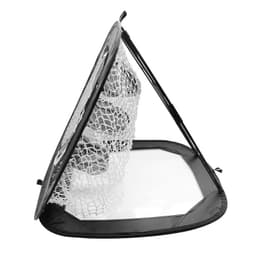 A portable pop-up golf chipping net with a black frame and white netting, designed for easy setup and storage.