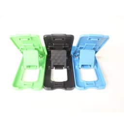 A trio of adjustable desktop phone stands in green, black, and blue, featuring sleek designs and a logo.