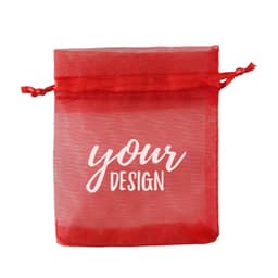 A red organza gift bag with a drawstring closure, featuring a logo and a customizable design area.