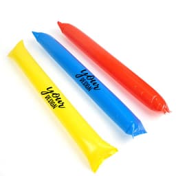Three inflatable cheering sticks in yellow, blue, and red with a space for custom design.