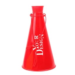 A red plastic cheering horn with a string, featuring a space for custom design.