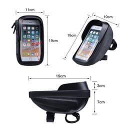 A black waterproof bike handlebar bag with a transparent top for phone display, featuring a logo and adjustable straps.