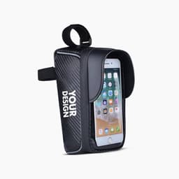 A black touchscreen bicycle front frame bag with a transparent phone pocket and a logo.
