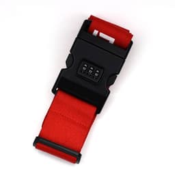 A red luggage strap with a black password lock and a small keypad for secure fastening.