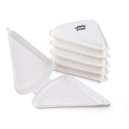 A stack of white biodegradable pizza boxes shaped like triangles, featuring a logo on one box.