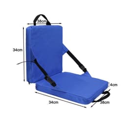 A blue stadium seat cushion with back support and adjustable straps, measuring 38cm by 34cm.