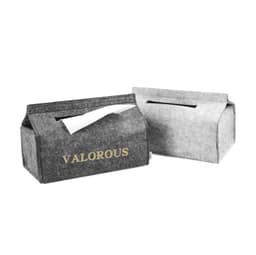 Two RPET felt tissue storage boxes in grey tones, one with a logo, featuring an open slot for tissues.
