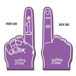 A purple EVA foam cheering glove shaped like a hand with one finger raised. It has a logo and space for customisation.