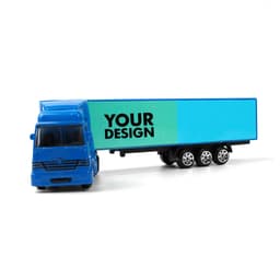A blue alloy container truck toy with a blank surface for custom designs, featuring six wheels and a detailed cab.