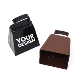 A black metal cowbell with a handle, alongside a brown open cowbell, featuring a logo on the black one.