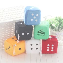 Soft, fuzzy car dice in various colours: blue, green, black, orange, white, and red, featuring white dots and a logo.