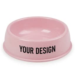 A pink pet food bowl with a smooth interior and a branding logo, designed for customisation.