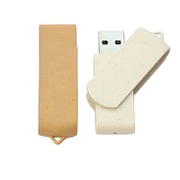 A 32GB wheat straw USB flash drive in beige and cream colours, featuring a simple design and a logo.