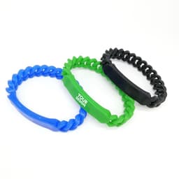 Three silicone twist bracelets in blue, green, and black, featuring a logo on one of the green bracelets.