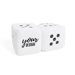 Mini fuzzy dice in white with black dots and a logo, featuring a personalised design area on one die.