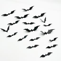 A collection of black 3D bat decals in various sizes for Halloween decoration. Ideal for fun and games.