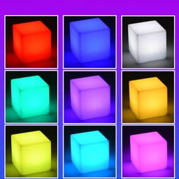 A large cube featuring multiple colour options, including red, blue, green, purple, yellow, and white. It has a remote control.