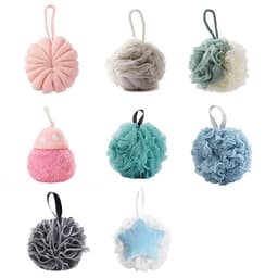 A collection of flower-shaped shower balls in various colours, including pink, grey, blue, and white, with hanging loops.