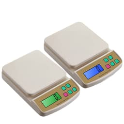 Two mini electronic kitchen scales in beige and gold, featuring digital displays and buttons in various colours.