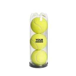 Three bright yellow tennis balls packaged in a clear cylindrical container, featuring a logo on the front.