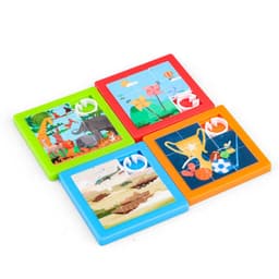 Four colourful plastic slide puzzles in green, red, orange, and blue featuring various playful designs.