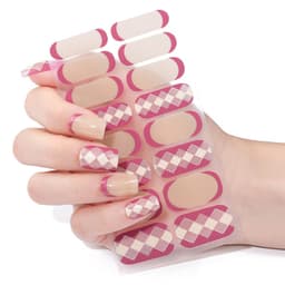 Custom nail art stickers in pink and nude tones, featuring a diamond pattern, displayed on a hand with manicured nails.