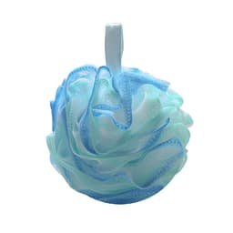 A large shower ball in soft blue and aqua tones, featuring a hanging loop for easy storage.