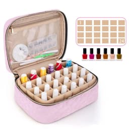 A pink essential oil carrying case with a quilted exterior, featuring multiple compartments for bottles and accessories.