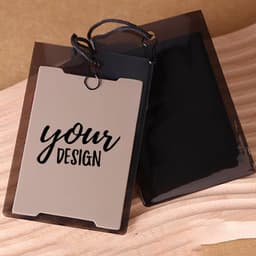 A custom PVC hang tag in light brown with a black backing and a black string for attachment.