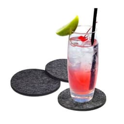 A drink bottle sits on a grey round felt coaster, with two additional coasters beside it.