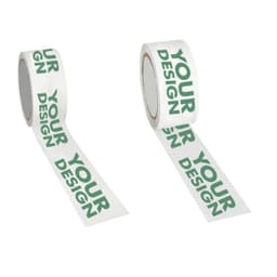 Custom transparent packing tape with a white background and green text. Features a design area and includes branding.