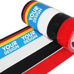 Custom sealing tape in red, white, black, and blue with a design placeholder and a logo.