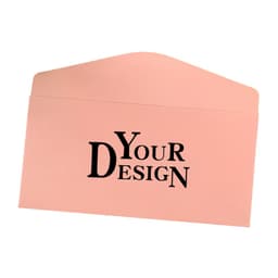 A pink envelope featuring customisable design options, with bold black text. Includes a logo.