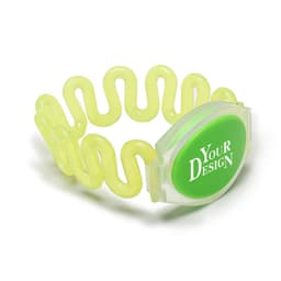A yellow spiral plastic RFID ID bracelet with a green circular section featuring a logo.