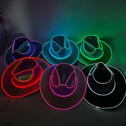 A set of six LED holographic cowboy party hats in vibrant colours, including pink, blue, and green, featuring glowing edges.