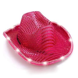A pink LED sequin cowboy hat with a mesh design and illuminated accents. Features a logo.