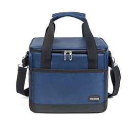 A navy blue insulated cooler bag with dual handles, a detachable strap, and a small branding logo on the front.