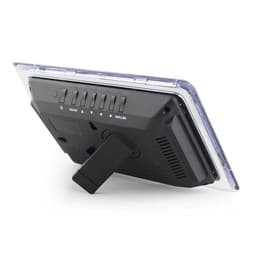 A 7-inch acrylic LED digital photo frame, featuring a black back with controls and a fold-out stand.