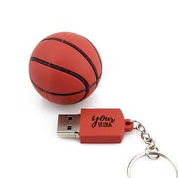 A red basketball-shaped USB flash drive with a silver connector and a keychain attachment.