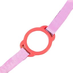 A drink bottle lanyard featuring a pink strap and a round, coral-coloured attachment. It includes branding details.