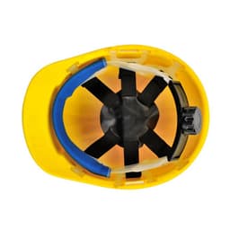 A yellow ABS safety helmet featuring an adjustable inner harness and cushioning for comfort. It includes a logo inside.