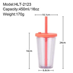 A drink bottle with a clear body, orange lid, and straw; 16oz capacity and includes a logo.